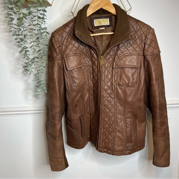 Michael kors brown tan leather with wool collar aviation style bomber jacket xl - Picture 9 of 12